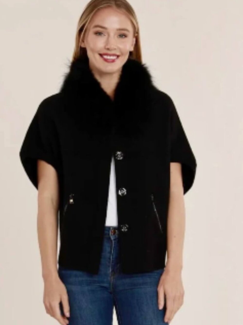 Dolce Cabo Black Knit Short Sleeve Cape Jacket Raccoon Fur Collar S/M